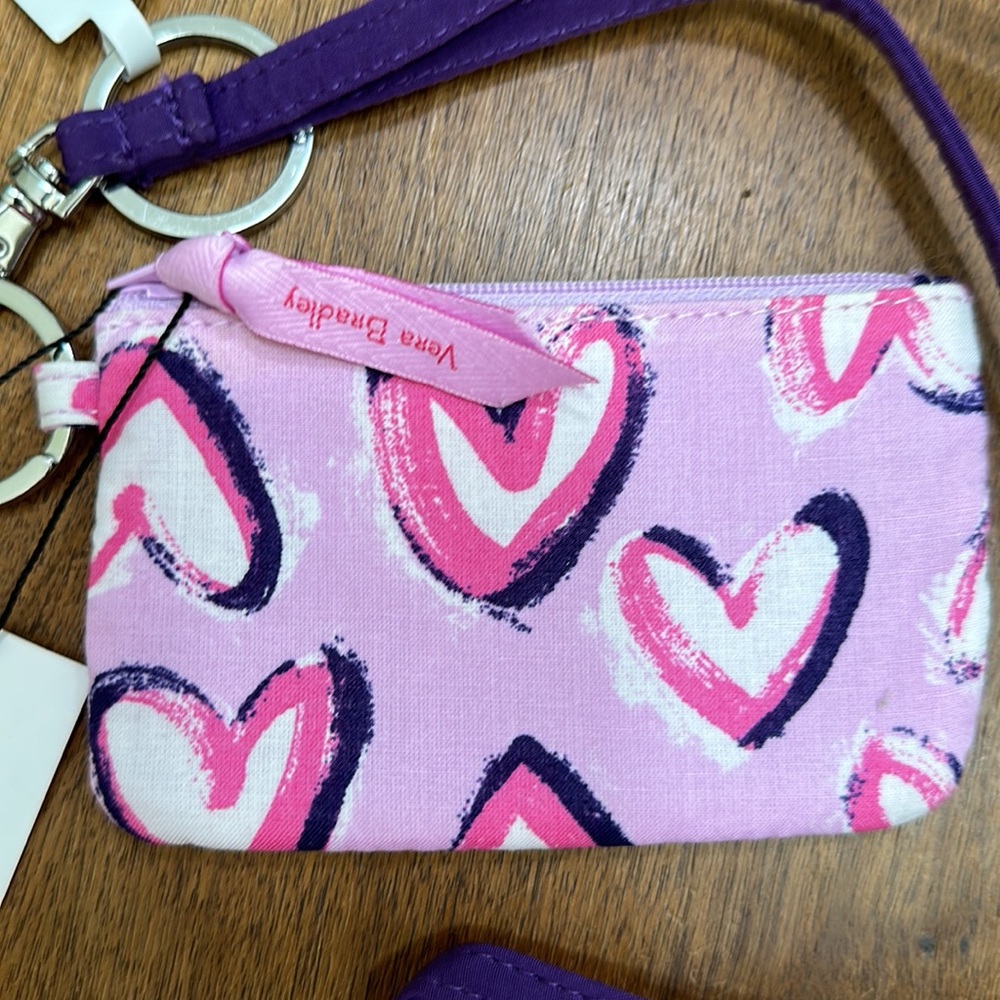 Vera Bradley Hearts ice pink zip ID Case and purple lanyard - Picture 2 of 5